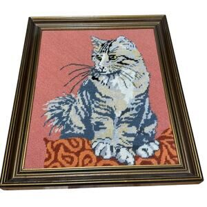 Gray Tabby Cat Framed Needlepoint Peach Background Framed 10x12 Cat Lady Gift